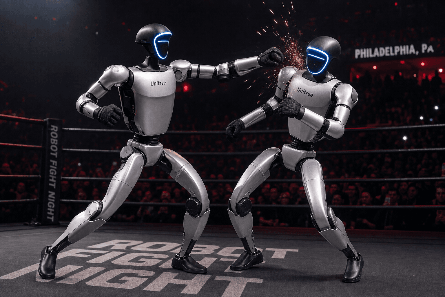 Unitree G1 robots fighting at Robot Fight Night — Philadelphia